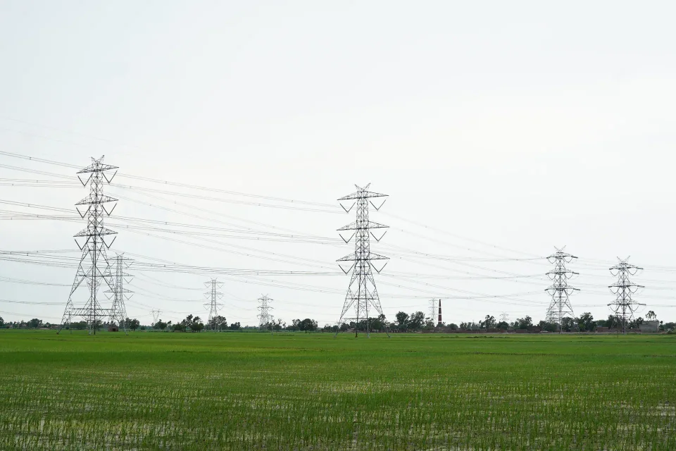 Transmission towers crossing green fields